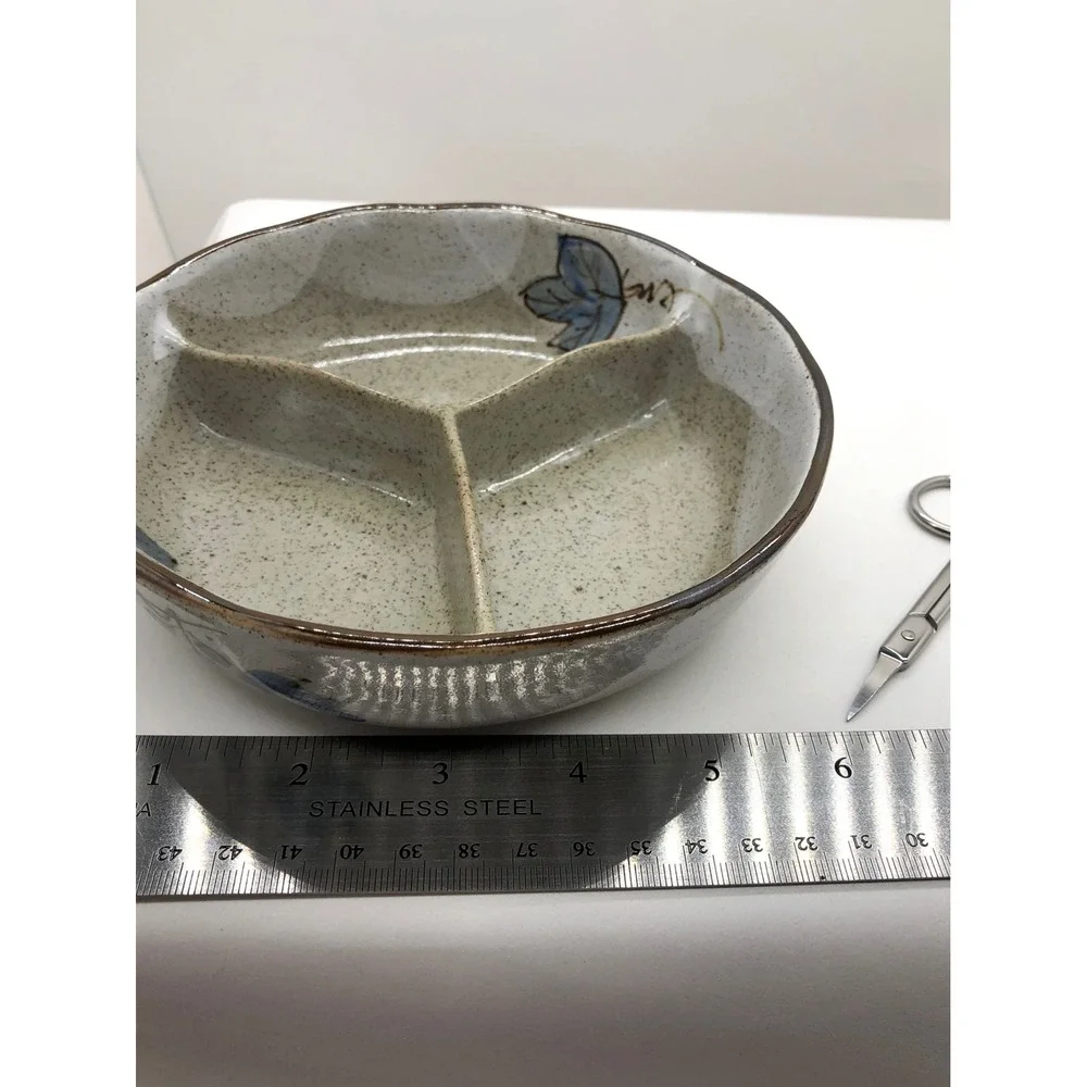 Artisan Stoneware Pottery Set‎ Blue Leaf Speckled Gray Divided Dish & Deep Bowl